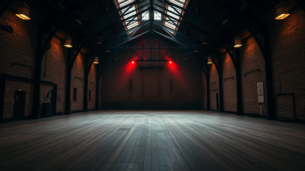 The main hall of the Foundry, empty and lit